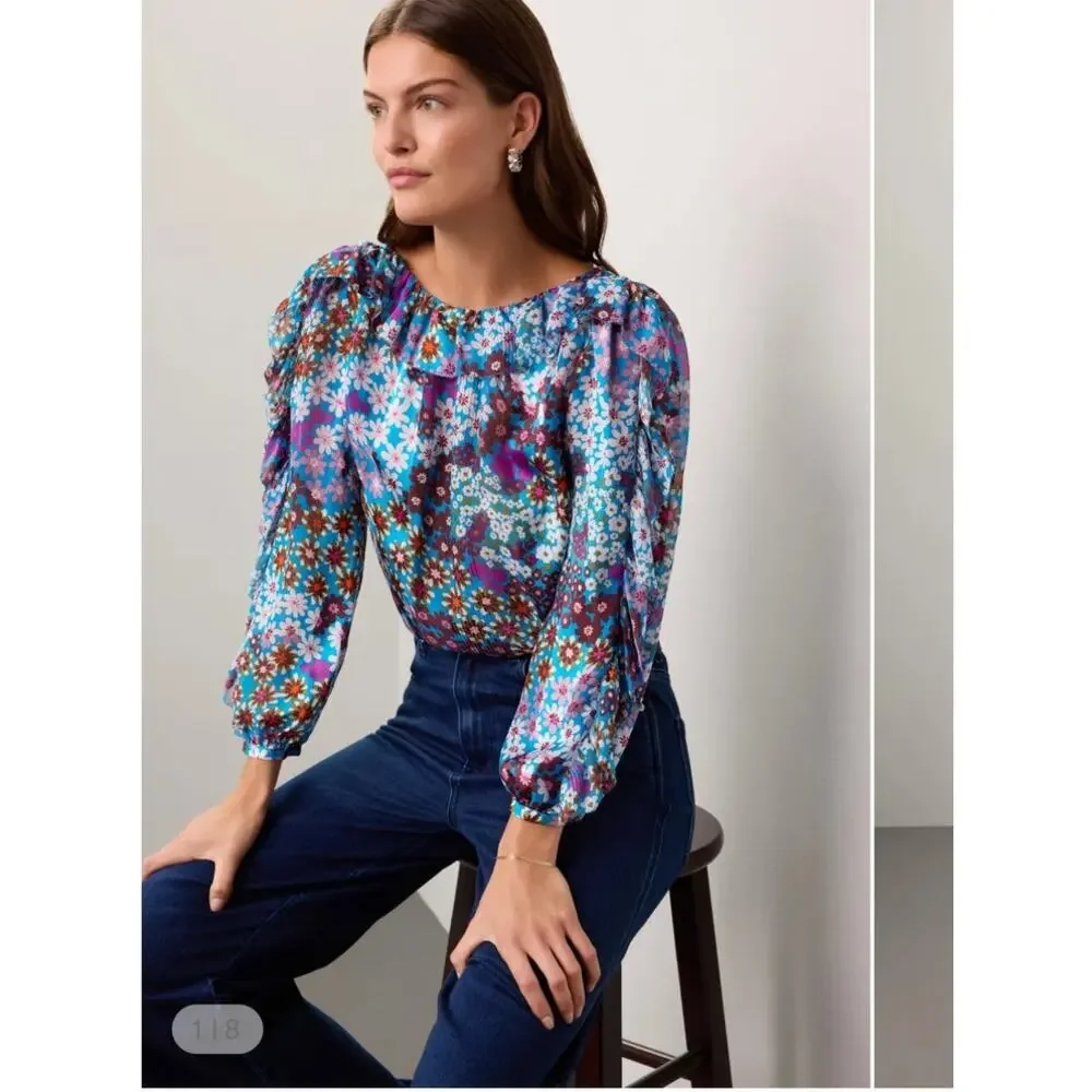 Kate Spade Pacific Petals Chiffon Floral Blouse 100% Silk
